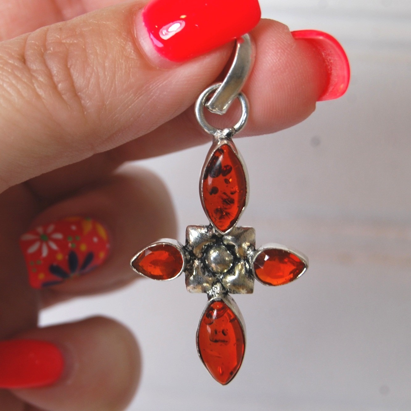 Vintage Sterling Silver Cross Pendant Baltic Amber Gemstone 2" 3.8 Grams